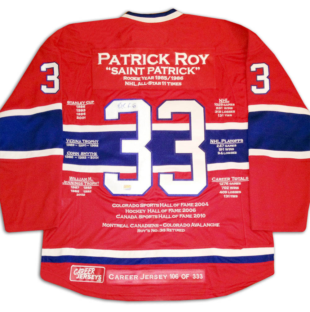 Patrick Roy Career Jersey Autographed - Ltd Ed 333 - Montreal Canadiens, Montreal Canadiens, NHL, Hockey, Autographed, Signed, CJCJH30018