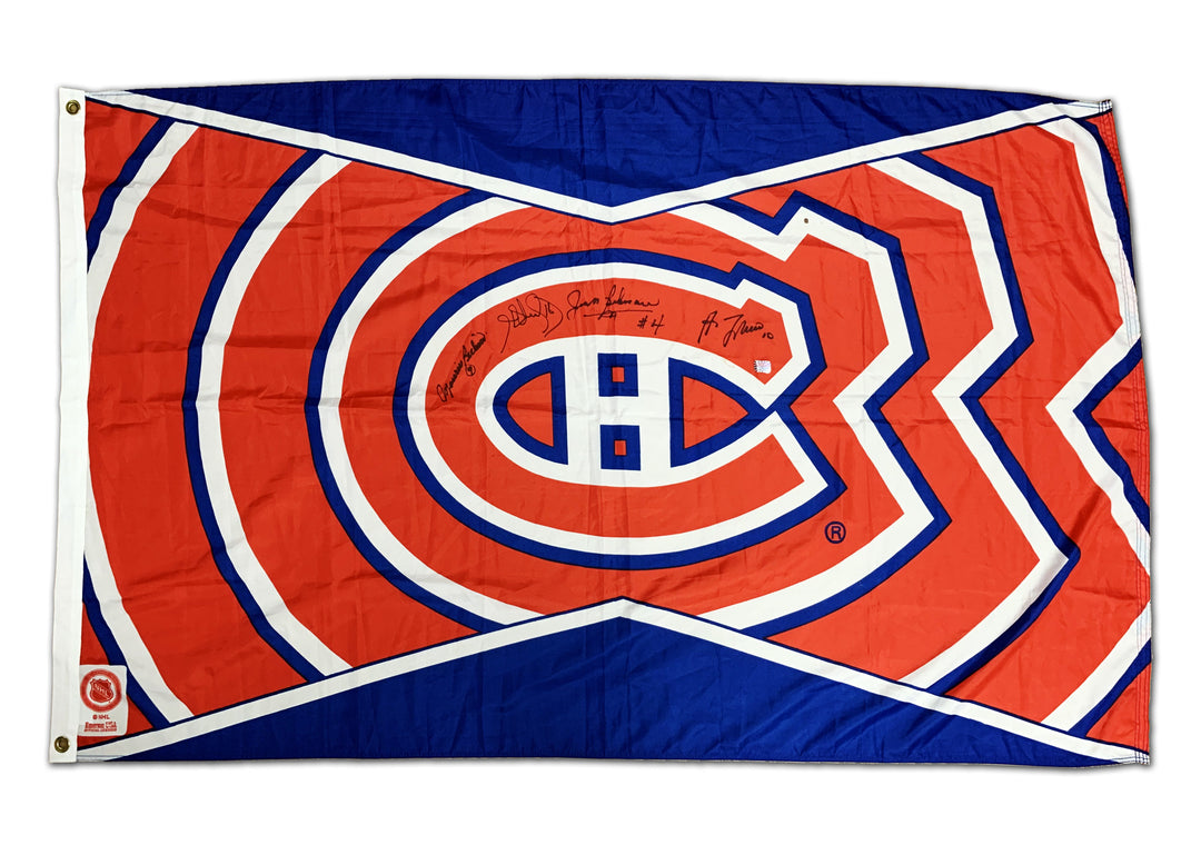Signed Flag, Lafleur, M. Richard, Beliveau, H. Richard Montreal Canadiens, Montreal Canadiens, NHL, Hockey, Autographed, Signed, AAPCH31656