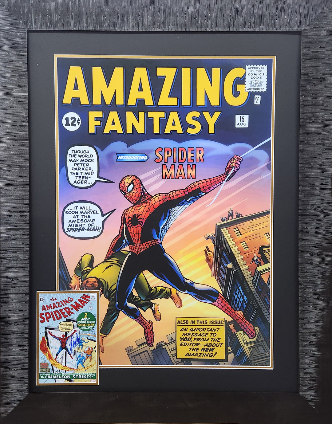 Spider-Man First Appearance Framed Print Signed By Stan Lee, Marvel, Pop Culture Art, Comics, Autographed, Signed, AAOOCC33224