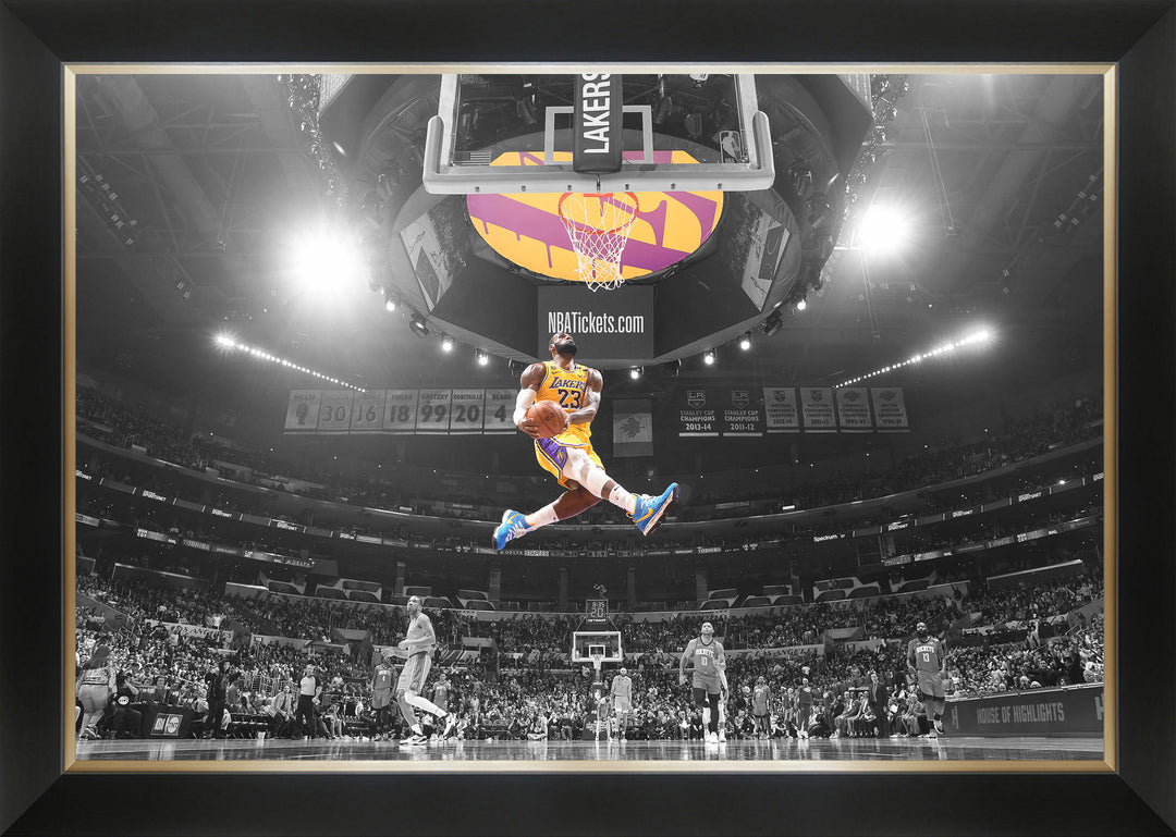 Lebron James Epic Slam Dunk Framed Canvas L.A. Lakers, Los Angeles Lakers, NBA, Basketball, Collectibile Memorabilia, AACMB32692