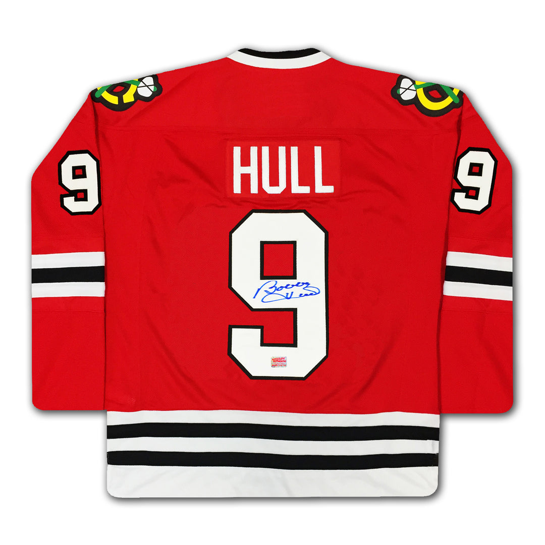 Bobby Hull Autographed Red Chicago Blackhawks Jersey, Chicago Blackhawks, NHL, Hockey, Autographed, Signed, AAAJH30111