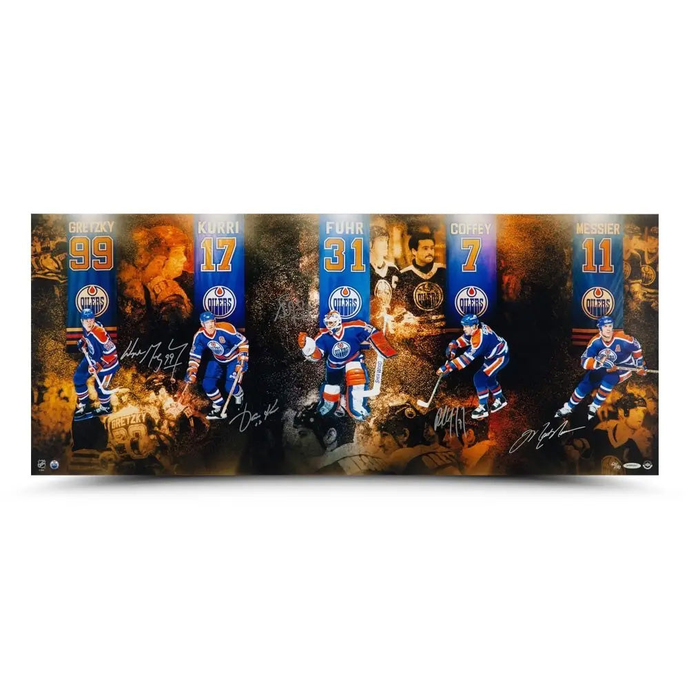 Gretzky, Kurri, Fuhr, Coffey & Messier Ltd Ed /100 Autographed “Reunion” 36X15