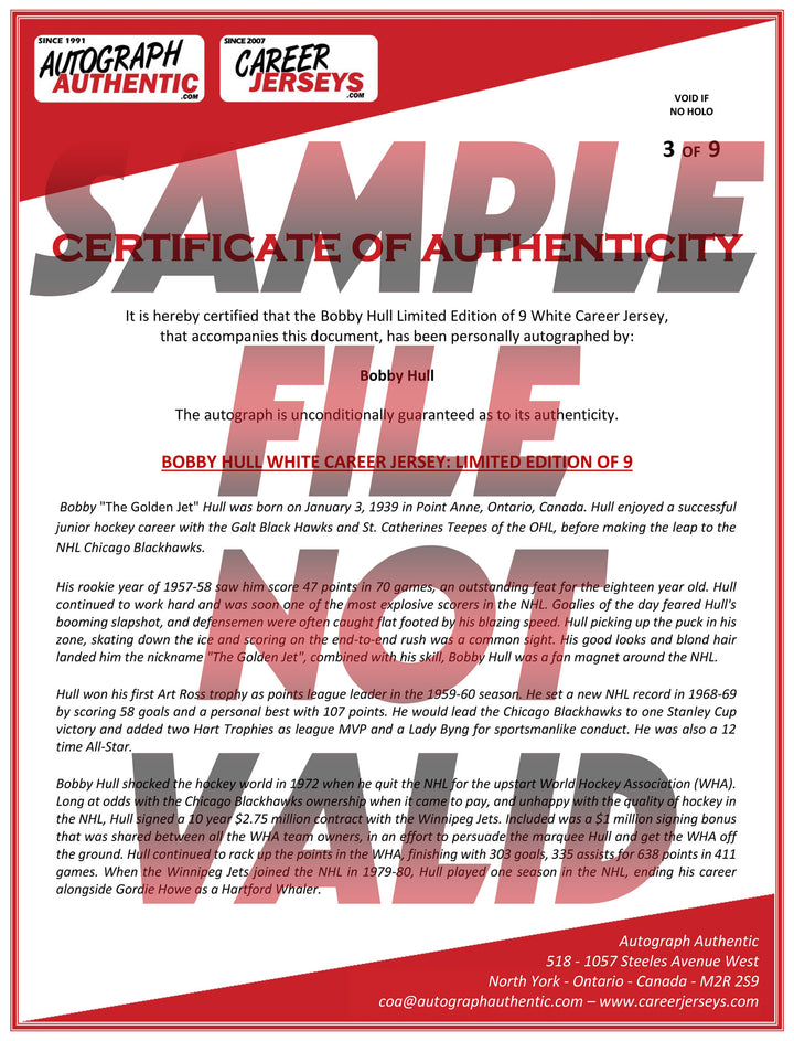 Bobby Hull Career Jersey Winnipeg Jets Edition #1 Of 9 Autographed Alternate, Winnipeg Jets, NHL, Hockey, Autographed, Signed, CJCJH33355