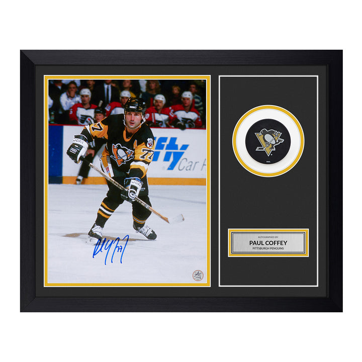 paul coffey signed pittsburgh penguins puck logo 19x23 frame