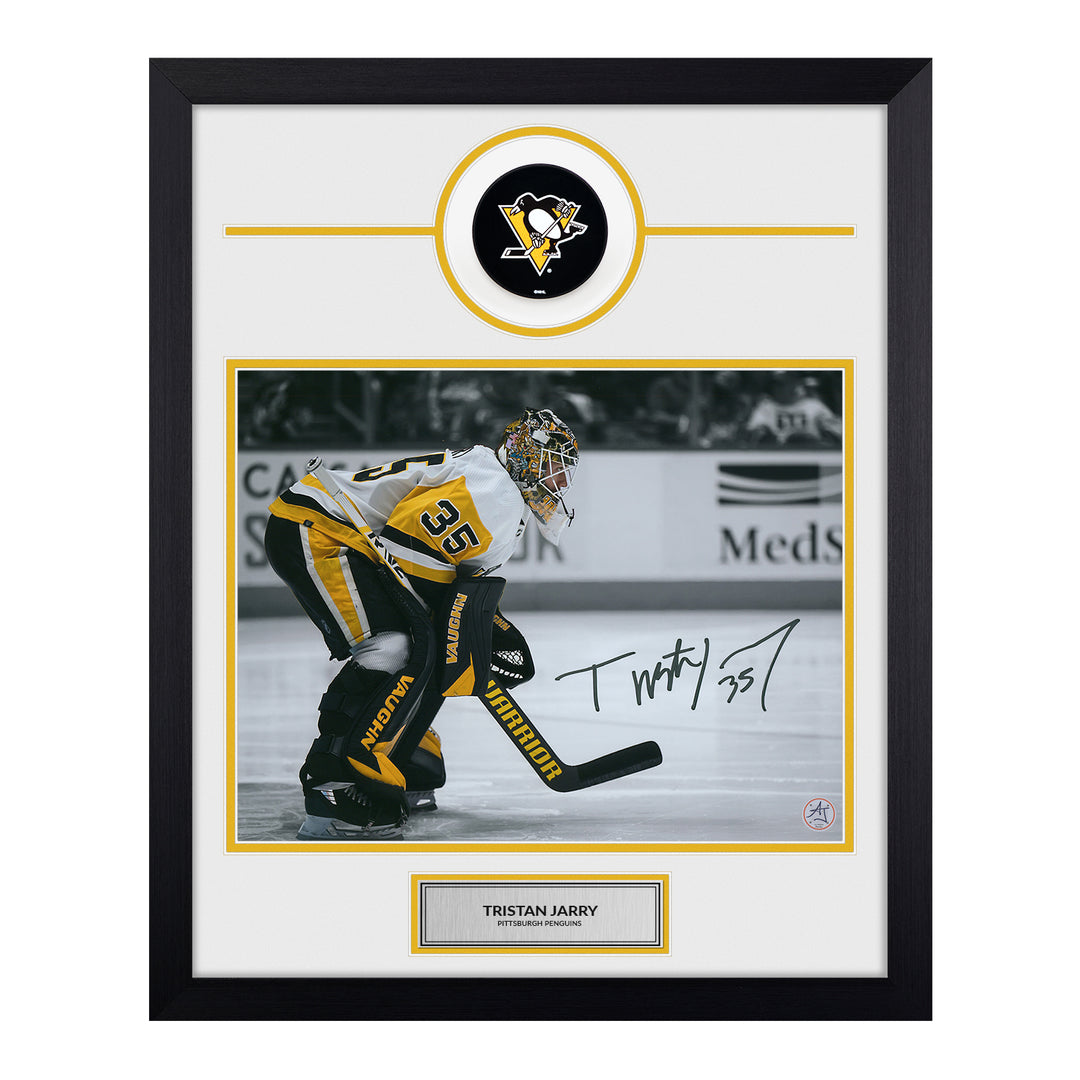 tristan jarry autographed pittsburgh penguins puck logo 19x23 frame