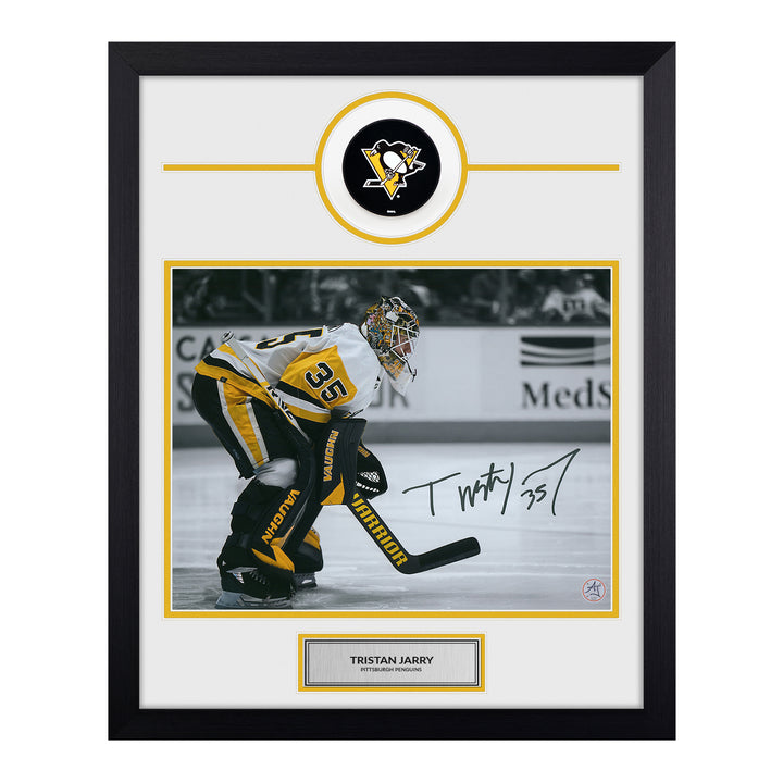 tristan jarry autographed pittsburgh penguins puck logo 19x23 frame