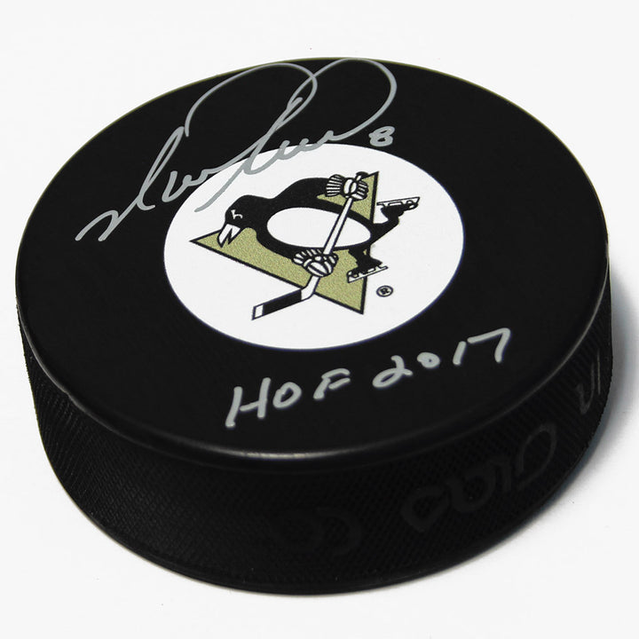 mark recchi pittsburgh penguins signed hockey puck with hof note