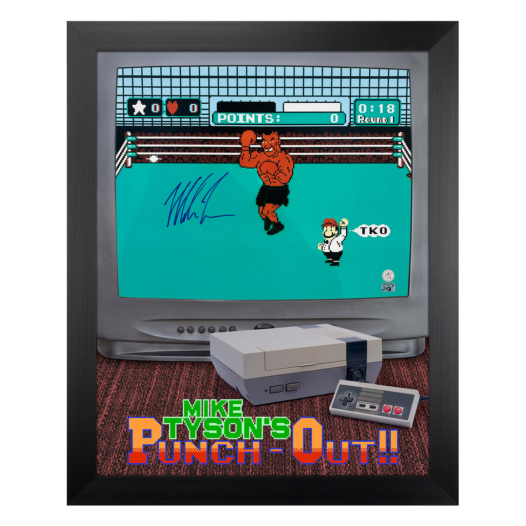 mike tyson autographed punch-out video game tv graphic 26x32 frame