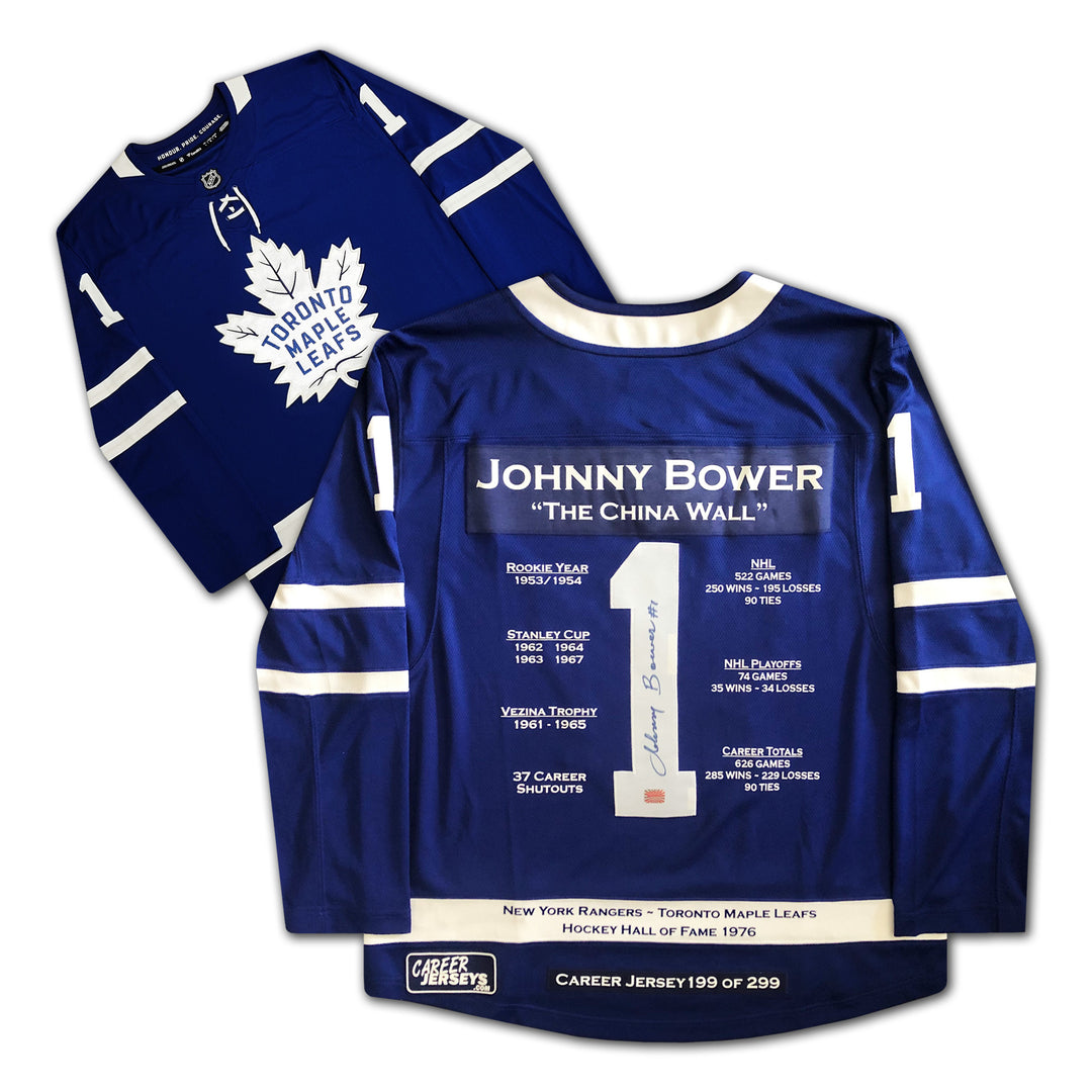 Johnny Bower Career Jersey Autographed - Ltd Ed 299 - Toronto Maple Leafs, Toronto Maple Leafs, NHL, Hockey, Autographed, Signed, CJCJH30012