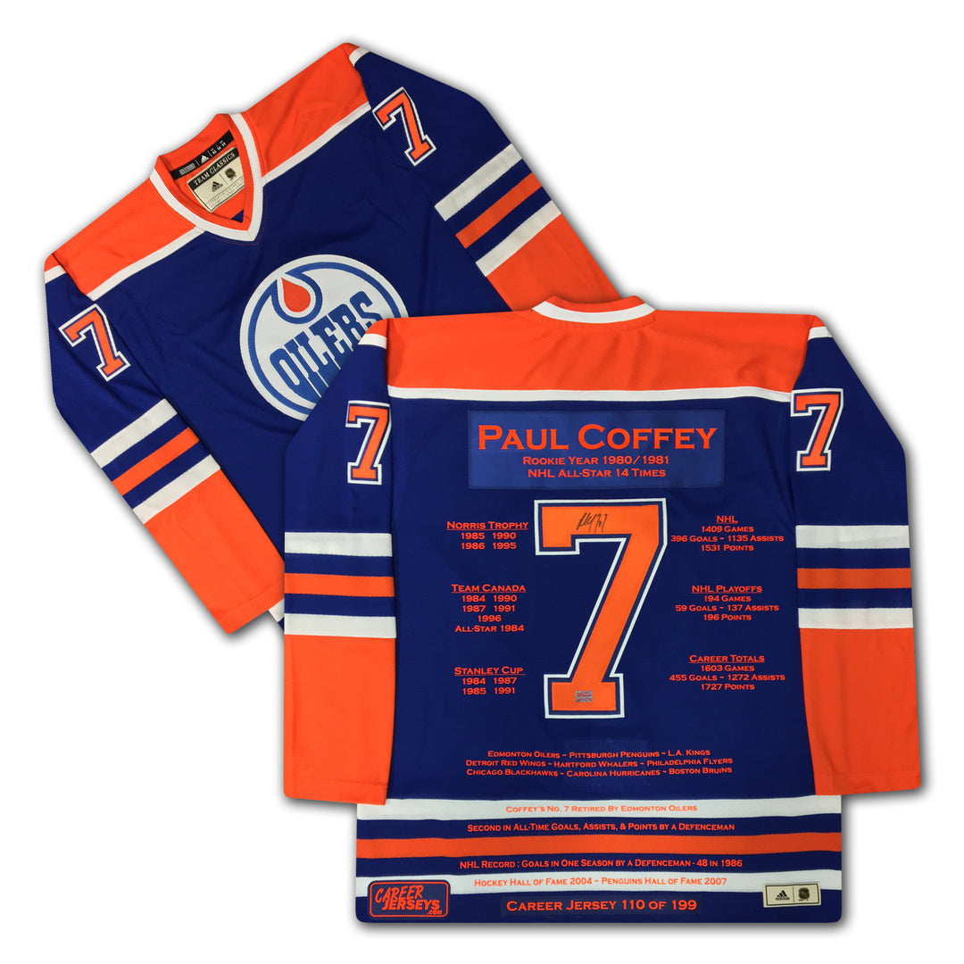 Paul Coffey Career Jersey Autographed - Ltd Ed 199 - Edmonton Oilers, Edmonton Oilers, NHL, Hockey, Autographed, Signed, CJCJH30019