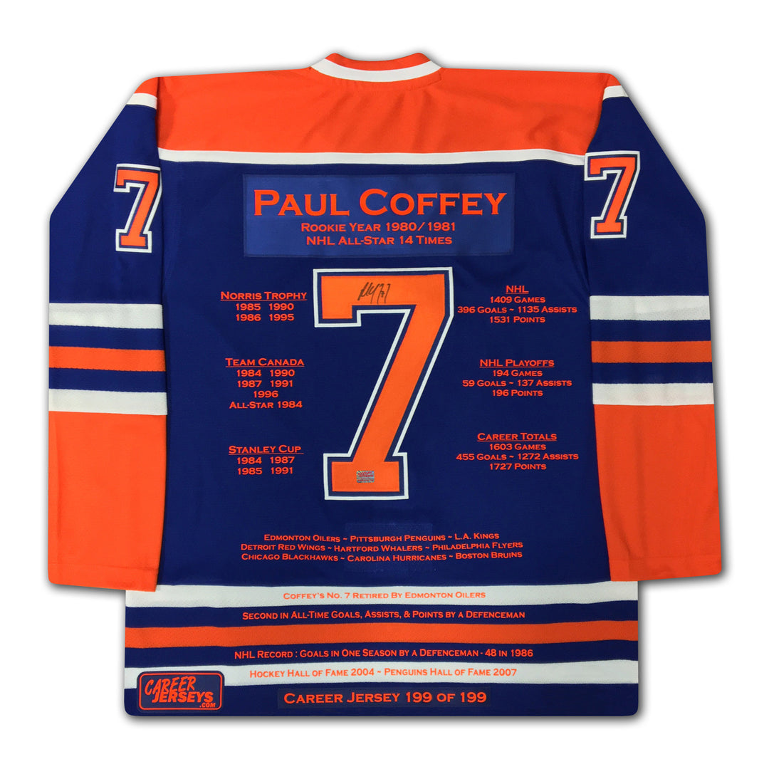 Paul Coffey Career Jersey #199 Of 199 Autographed - Edmonton Oilers, Edmonton Oilers, NHL, Hockey, Autographed, Signed, CJPCH32096