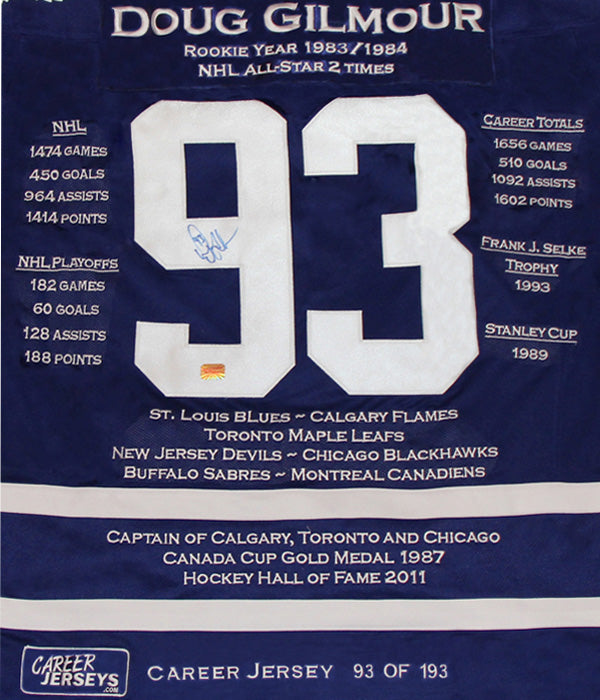 Doug Gilmour Career Jersey #93 Of 193 Autographed - Toronto Maple Leafs, Toronto Maple Leafs, NHL, Hockey, Autographed, Signed, CJPCH30069