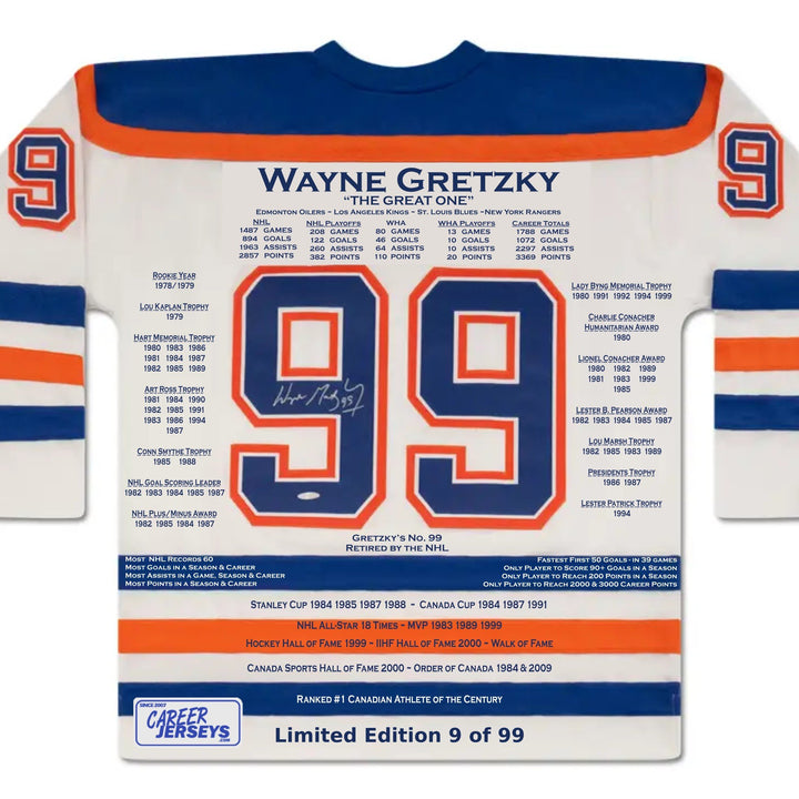 WAYNE GRETZKY WHITE CAREER JERSEY #9 OF 99 - SIGNED - EDMONTON OILERS - WGA/UDA