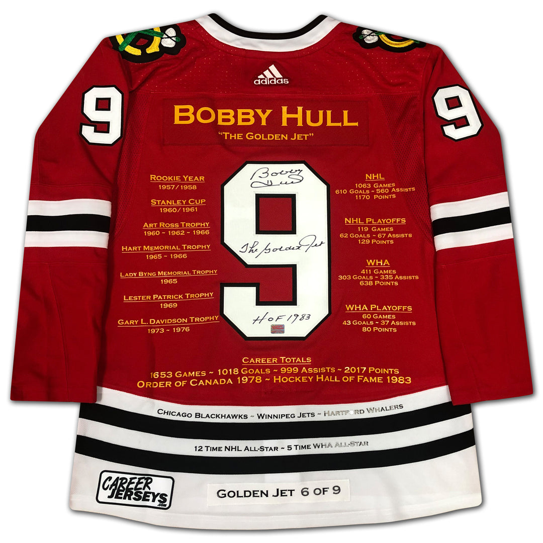 Bobby Hull Red Career Jersey Golden Jet Edition Of 9 Chicago Blackhawks, Chicago Blackhawks, NHL, Hockey, Autographed, Signed, CJCJH32870