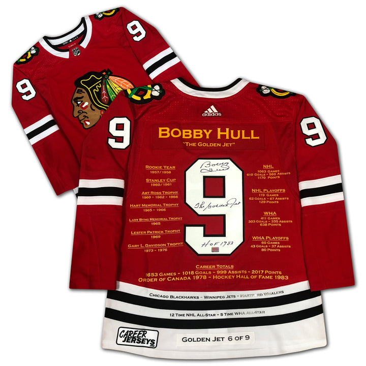 Bobby Hull Signed Red Career Jersey Golden Jet Ltd Ed  /9 Chicago Blackhawks, Chicago Blackhawks, NHL, Hockey, Autographed, Signed, CJCJH32870