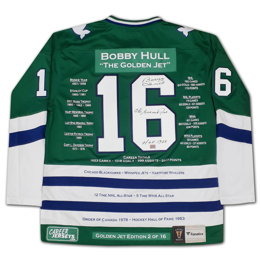 Bobby Hull Career Jersey Hartford Whalers Green Ltd Ed /16, Hartford Whalers, NHL, Hockey, Autographed, Signed, CJCJH33035