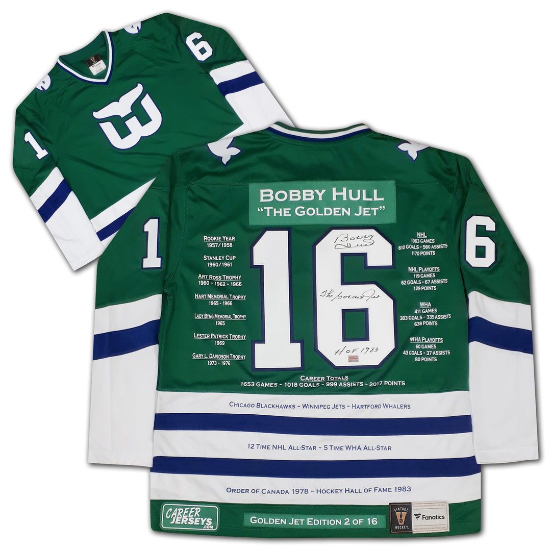 Bobby Hull Career Jersey Signed Hartford Whalers Green Ltd Ed /16, Hartford Whalers, NHL, Hockey, Autographed, Signed, CJCJH33035