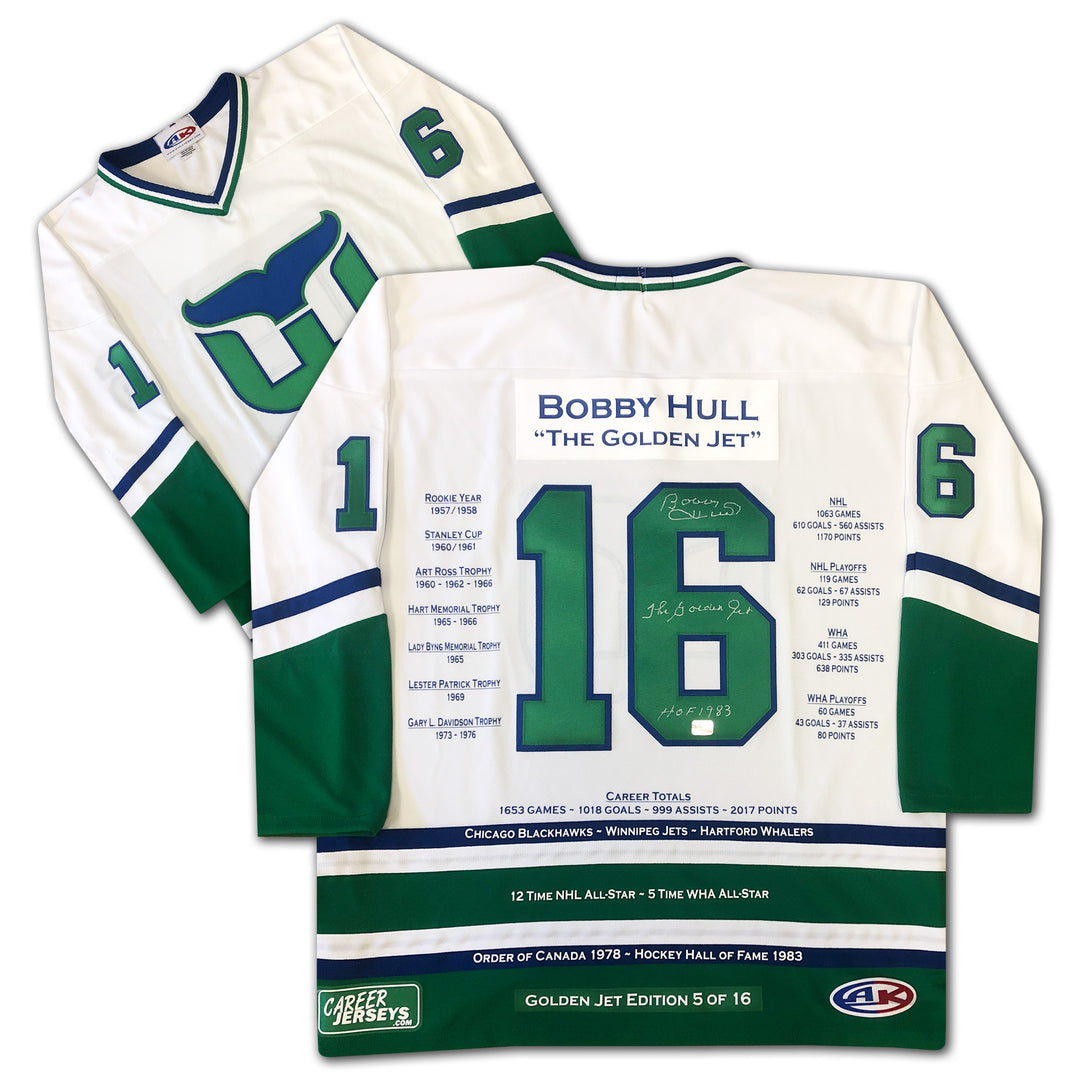 Bobby Hull Career Jersey Signed Hartford Whalers White Ltd Ed /16, Hartford Whalers, NHL, Hockey, Autographed, Signed, CJCJH33036