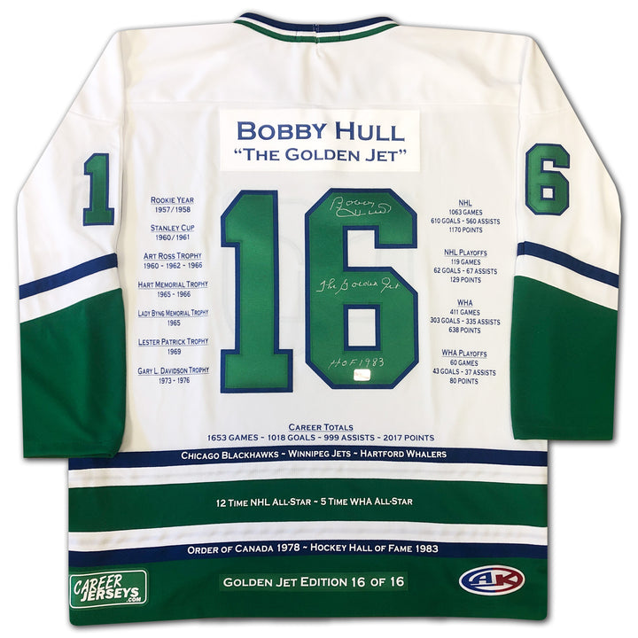 Bobby Hull Career Jersey Hartford Whalers White Ltd Ed 16/16, Hartford Whalers, NHL, Hockey, Autographed, Signed, CJPCH33042