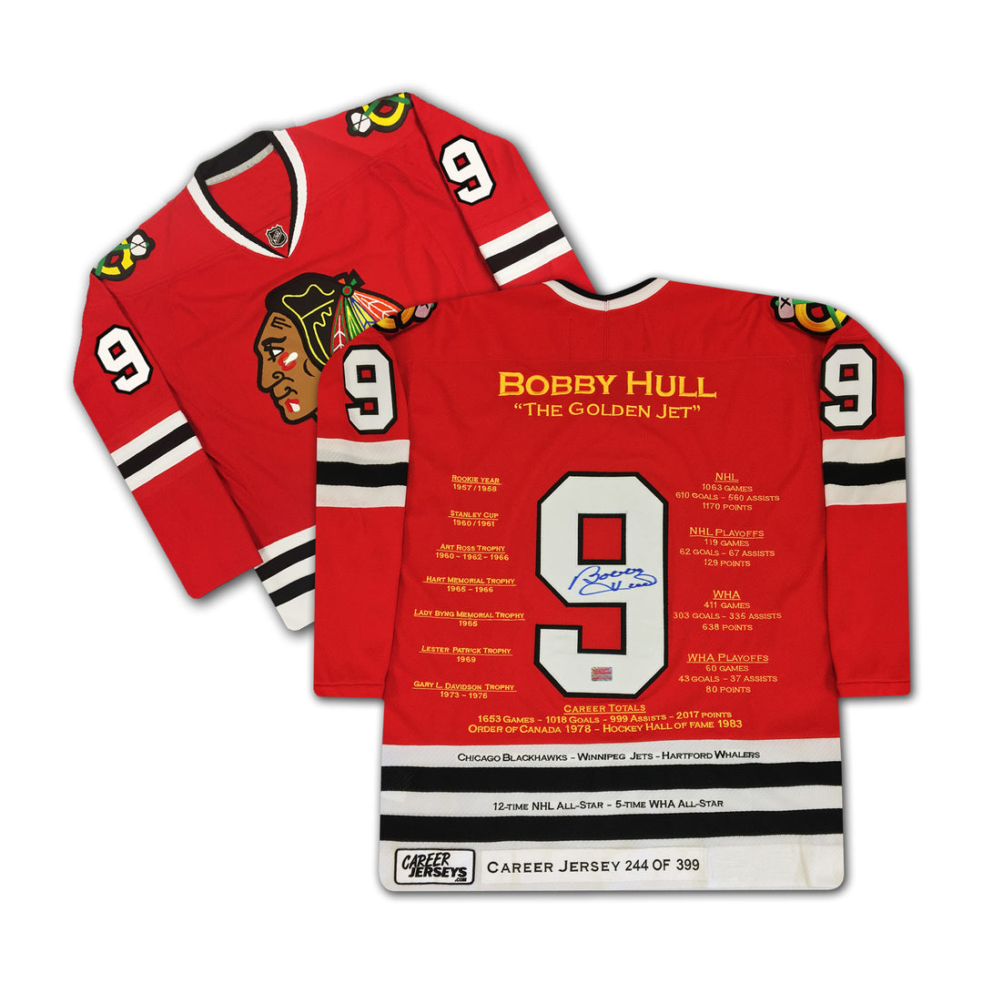 Bobby Hull Red Career Jersey Autographed - Ltd Ed 399 - Chicago Blackhawks, Chicago Blackhawks, NHL, Hockey, Autographed, Signed, CJCJH30001