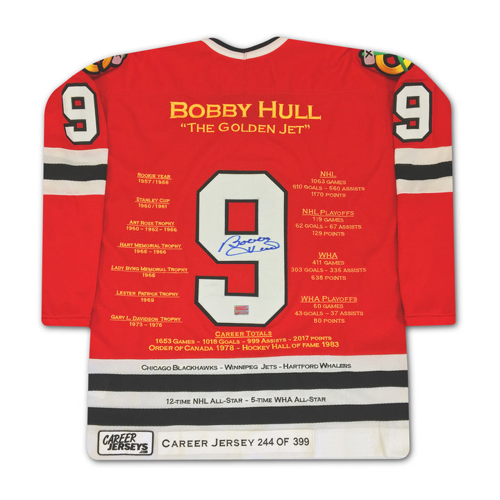 Bobby Hull Red Career Jersey Autographed - Ltd Ed 399 - Chicago Blackhawks, Chicago Blackhawks, NHL, Hockey, Autographed, Signed, CJCJH30001