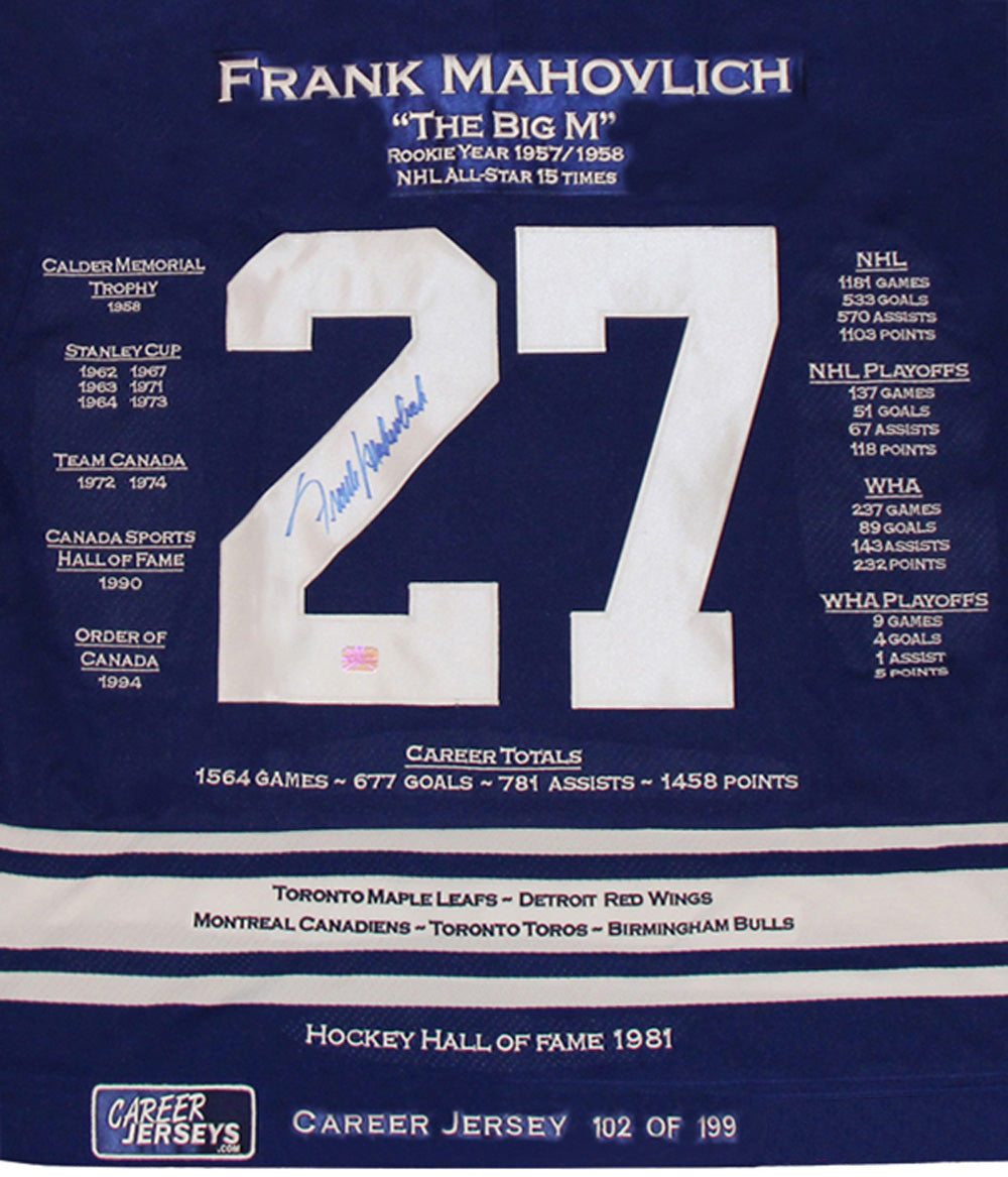 Frank Mahovlich Career Jersey Autographed - Ltd Ed 199 - Toronto Maple Leafs, Toronto Maple Leafs, NHL, Hockey, Autographed, Signed, CJCJH30005