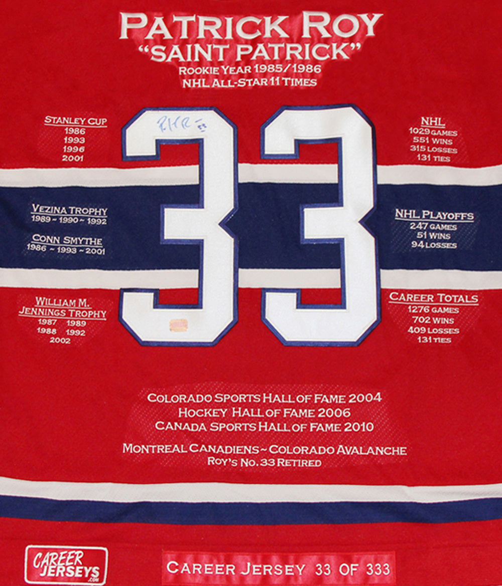 Patrick Roy Career Jersey Autographed - Ltd Ed 333 - Montreal Canadiens, Montreal Canadiens, NHL, Hockey, Autographed, Signed, CJCJH30018
