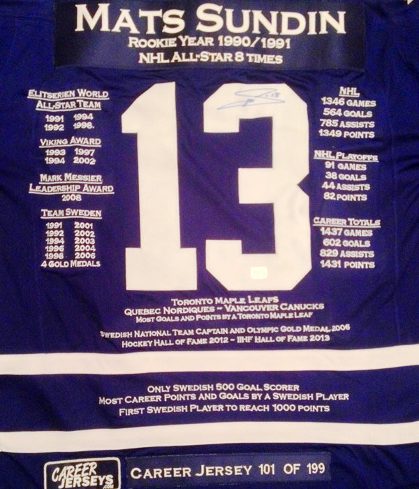Mats Sundin Career Jersey Autographed - Ltd Ed 199 - Toronto Maple Leafs, Toronto Maple Leafs, NHL, Hockey, Autographed, Signed, CJCJH30016