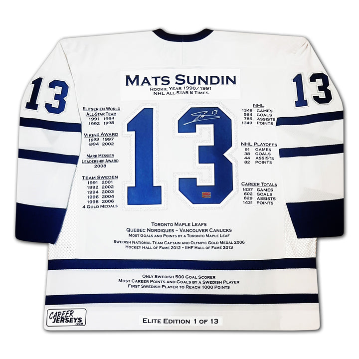 Mats Sundin Career Jersey Signed Elite Edition 1 Of 13 Toronto Maple Leafs, Toronto Maple Leafs, NHL, Hockey, Autographed, Signed, CJCJH32667