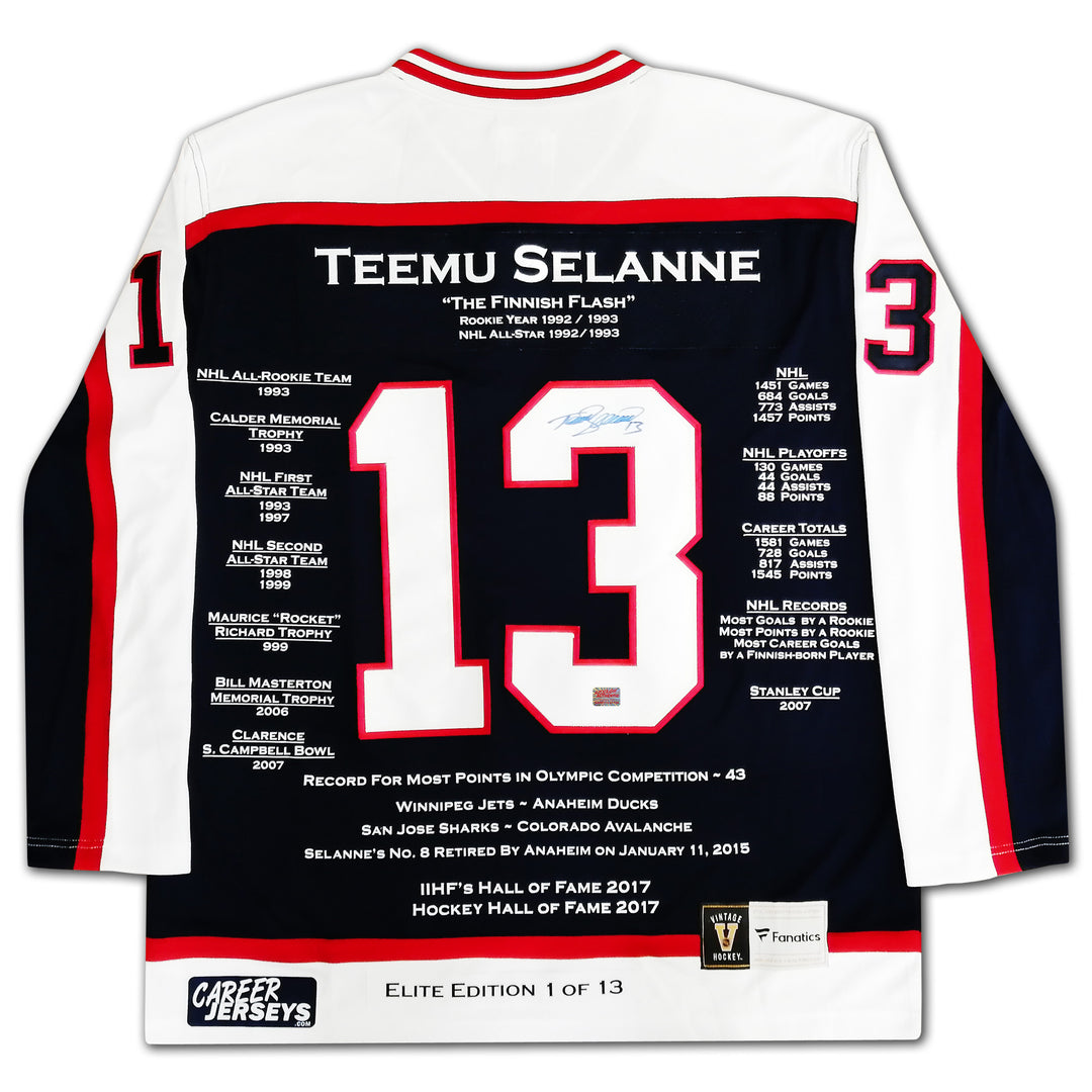 Teemu Selanne Signed Career Jersey Elite Edition #1 Of 13 Winnipeg Jets, Winnipeg Jets, NHL, Hockey, Autographed, Signed, CJPCH32932