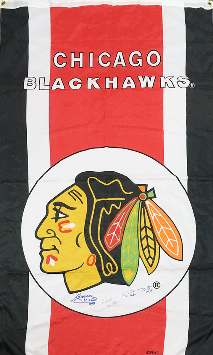 Signed Bobby Hull, Dennis Hull, Pierra Pilote Flag Chicago Blackhawks 60"X36", Chicago Blackhawks, NHL, Hockey, Autographed, Signed, AAPCH31666