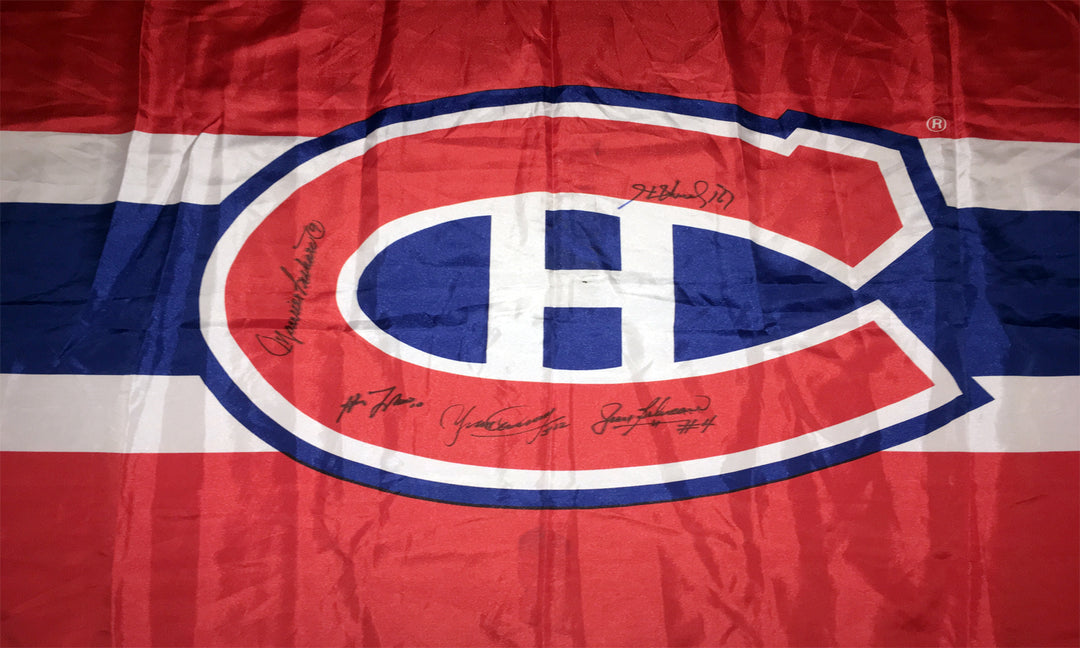 Signed Flag Lafleur, Richard, Beliveau, Cournoyer, H Richard Mtl Canadiens, Montreal Canadiens, NHL, Hockey, Autographed, Signed, AAPCH31664