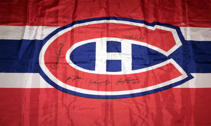 Signed Flag Lafleur, Richard, Beliveau, Cournoyer, H Richard Mtl Canadiens, Montreal Canadiens, NHL, Hockey, Autographed, Signed, AAPCH31664