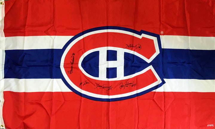 Signed Flag Lafleur, Richard, Beliveau, Cournoyer, H Richard Montreal 60"X36", Montreal Canadiens, NHL, Hockey, Autographed, Signed, AAPCH31664