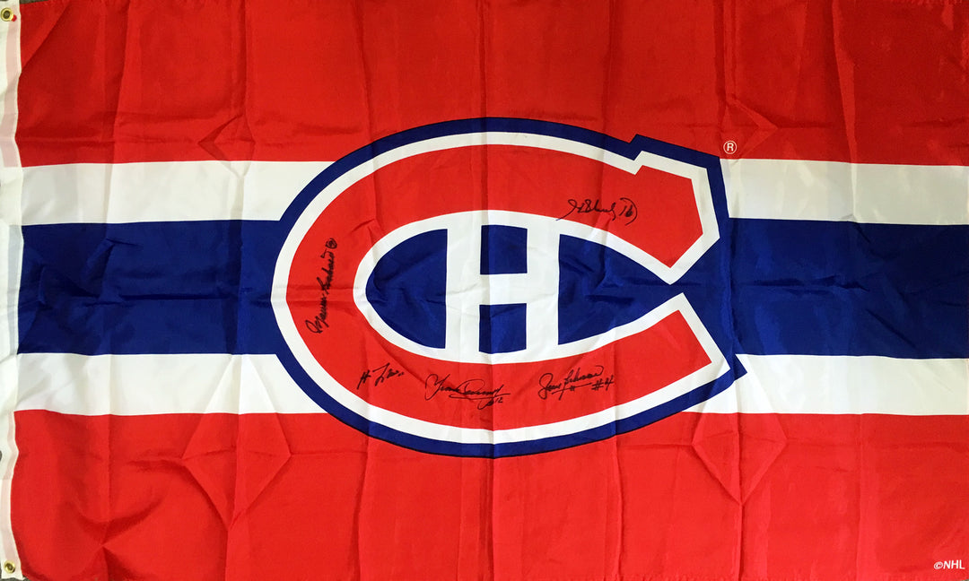 Signed Flag Lafleur, Richard, Beliveau, Cournoyer, H Richard Montreal 60"X36", Montreal Canadiens, NHL, Hockey, Autographed, Signed, AAPCH31664