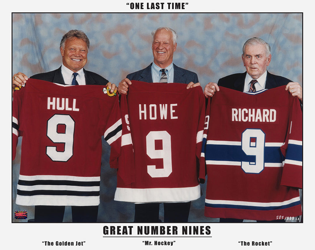 Three Great Nines: Maurice Richard, Gordie Howe & Bobby Hull, Montreal Canadiens, Blackhawks, Detroit Red Wings, NHL, Hockey, Collectibile Memorabilia, AAHPH30319