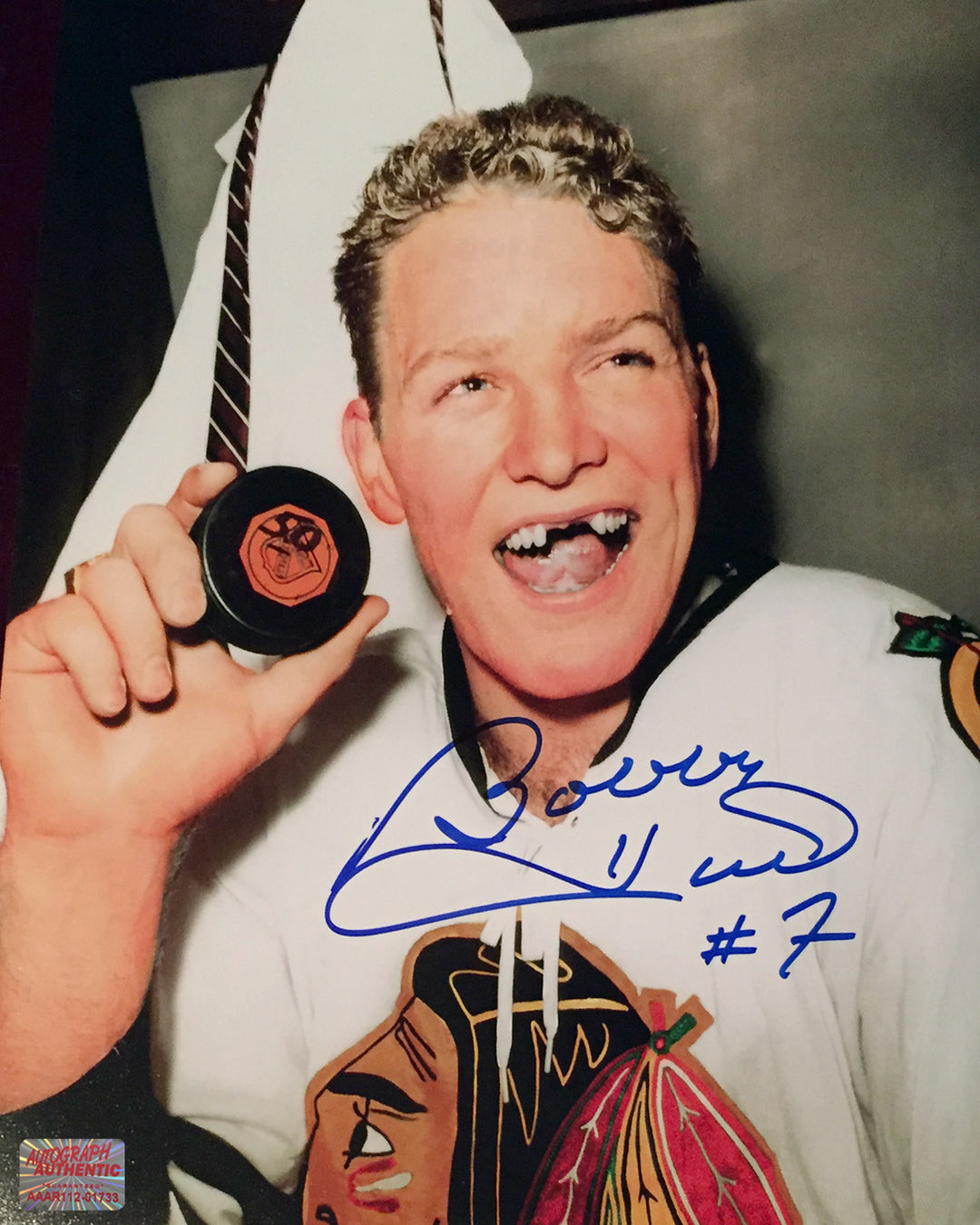Autographed Bobby Hull 50Th Goal 8X10 Photo (Colour) Chicago Blackhawks, Chicago Blackhawks, NHL, Hockey, Autographed, Signed, AAHPH31559