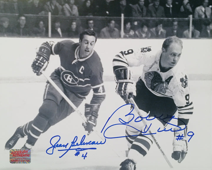 Signed Bobby Hull, Jean Beliveau Photo Chicago Blackhawks, Montreal Canadiens, Chicago Blackhawks, Montreal Canadiens, NHL, Hockey, Autographed, Signed, AAHPH31362