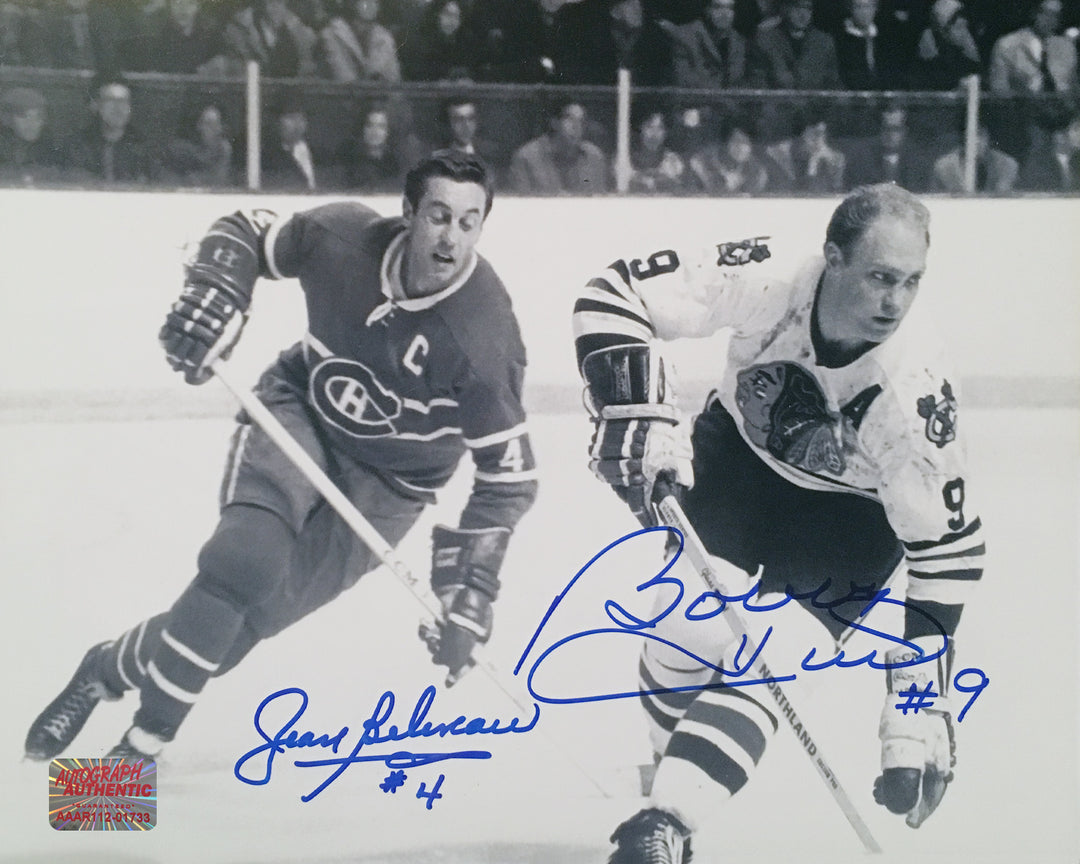 Signed Bobby Hull, Jean Beliveau Photo Chg Blackhawks, Mtl Canadiens 10"X8", Chicago Blackhawks, Montreal Canadiens, NHL, Hockey, Autographed, Signed, AAHPH31362
