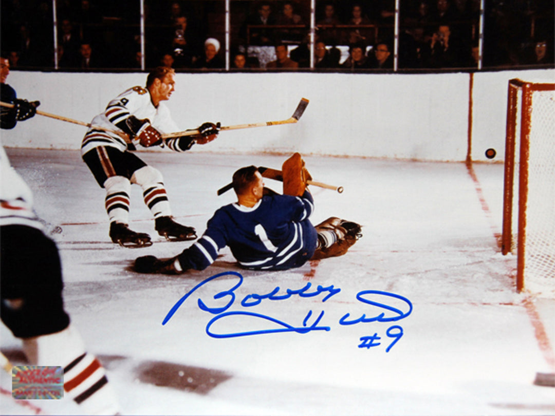 Hull Scores On Bower Autographed 8X10 Toronto Maple Leafs - Chicago Blackhawks, Chicago Blackhawks, Toronto Maple Leafs, NHL, Hockey, Autographed, Signed, AAHPH30288