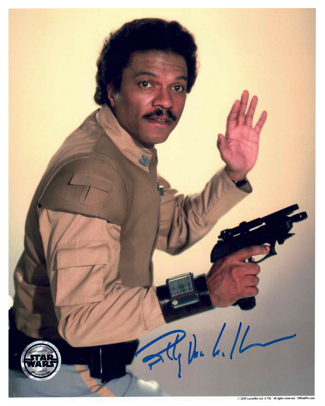 Billy Dee Williams Signed Star Wars Blaster 8X10 Photo, Star Wars, Hollywood, Movie and Television, Autographed, Signed, AAOCM33396