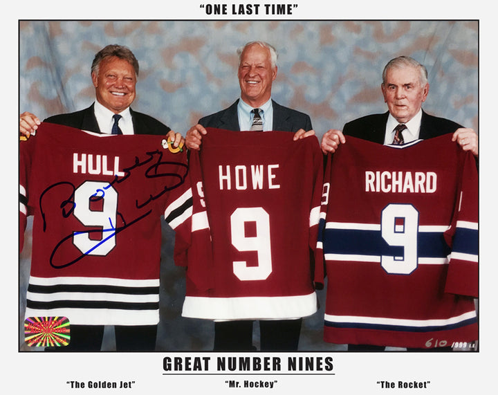 Three Great Nines 8X10: Maurice Richard, Gordie Howe, Signed Bobby Hull, Montreal Canadiens, Chicago Blackhawks, Detroit Red Wings, NHL, Hockey, Autographed, Signed, AAHPH31261