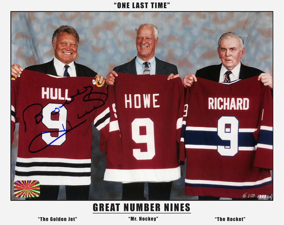 Three Great Nines 8X10: Maurice Richard, Gordie Howe, Signed Bobby Hull, Montreal Canadiens, Chicago Blackhawks, Detroit Red Wings, NHL, Hockey, Autographed, Signed, AAHPH31261