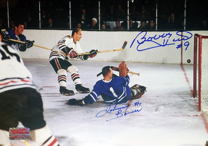Signed Johnny Bower, Bobby Hull Photo Toronto Maple Leafs, Chicago Blackhawks, Toronto Maple Leafs, Chicago Blackhawks, NHL, Hockey, Autographed, Signed, AAHPH31374