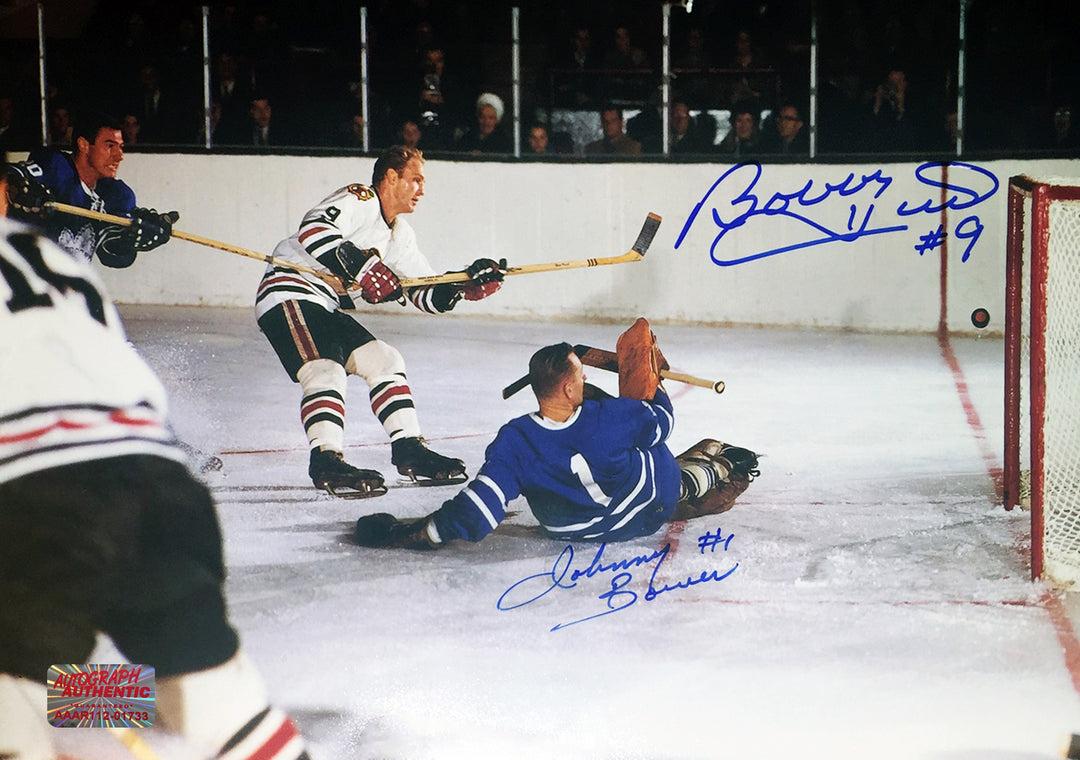 Signed Johnny Bower, Bobby Hull Photo Tor Maple Leafs, Chg Blackhawks 12"X8", Toronto Maple Leafs, Chicago Blackhawks, NHL, Hockey, Autographed, Signed, AAHPH31374