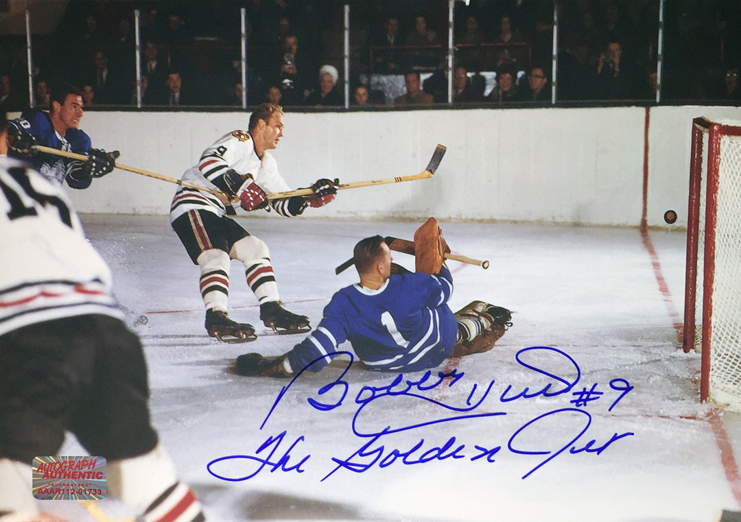 Johnny Bower And Signed Bobby Hull Photo Chicago Blackhawks, To Maple Leafs, Chicago Blackhawks, Toronto Maple Leafs, NHL, Hockey, Autographed, Signed, AAHPH31373