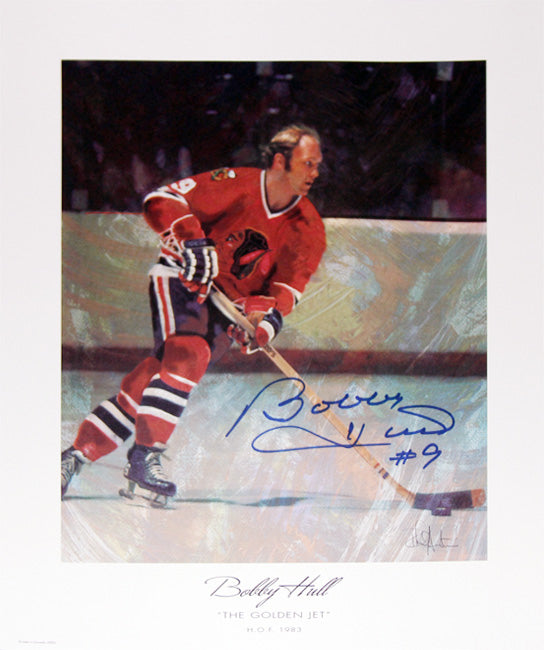 The Golden Jet Autographed Lithograph - Bobby Hull Chicago Blackhawks 13"X11", Chicago Blackhawks, NHL, Hockey, Autographed, Signed, AALCH30357