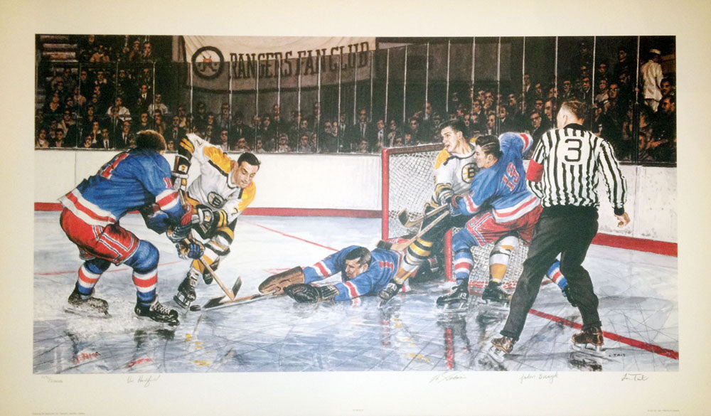 Signed In The Slot, Vic Hadfield, Ed Giacomin & John Bucyk  Lithograph, Boston Bruins, New York Rangers, NHL, Hockey, Autographed, Signed, AALCH30339