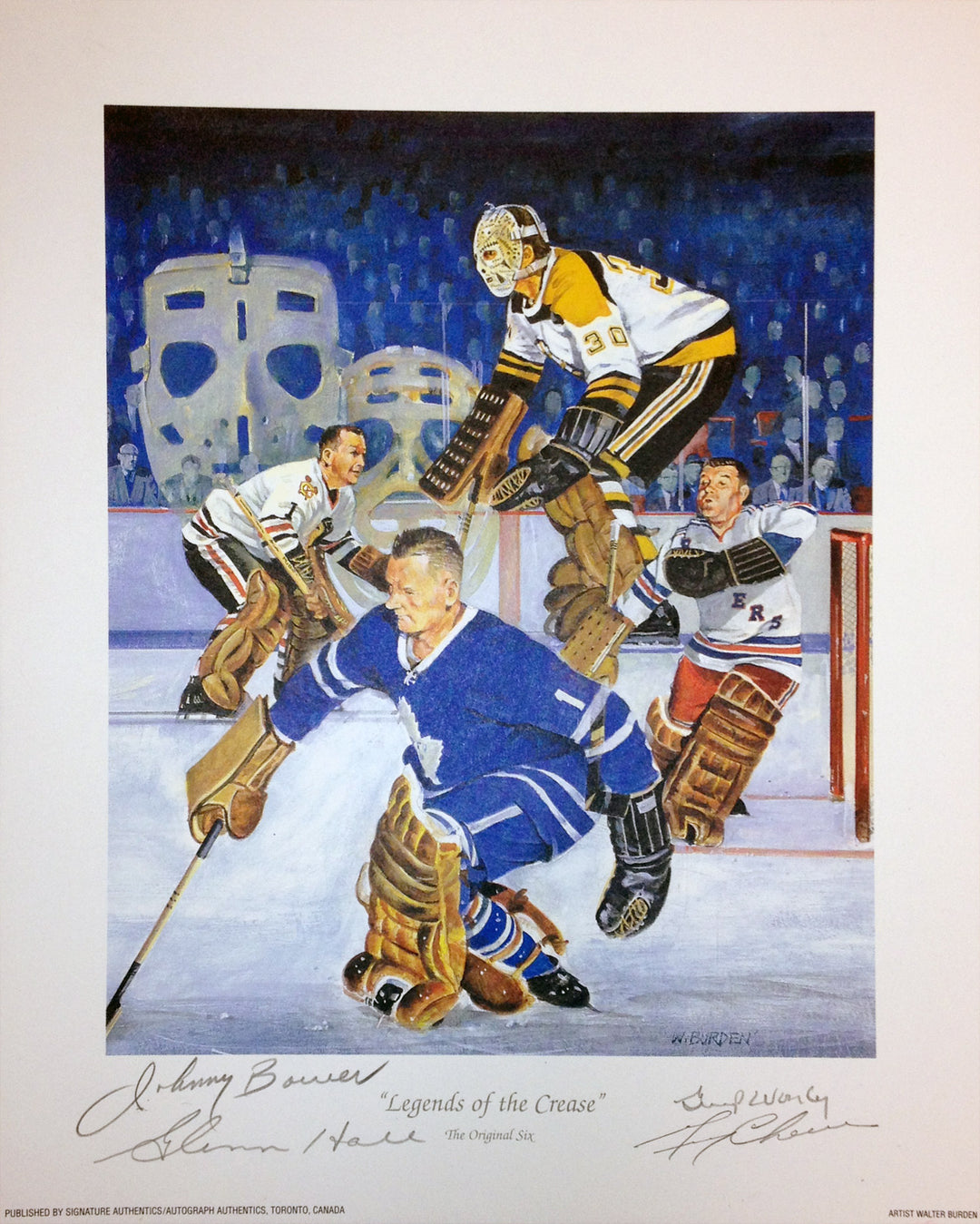 Legends Of The Crease Lithograph - 4 Autographs, Maple Leafs, NY Rangers, Blackhawks, Boston Bruins, NHL, Hockey, Autographed, Signed, AALCH30344