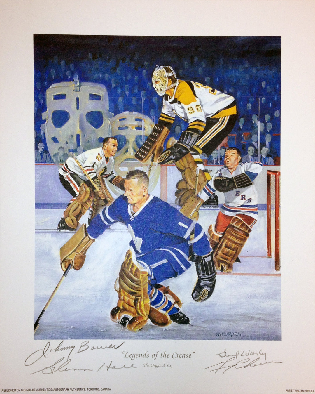 Legends Of The Crease Lithograph - 4 Autographs (11" By 9"), Maple Leafs, NY Rangers, Blackhawks, Boston Bruins, NHL, Hockey, Autographed, Signed, AALCH30344